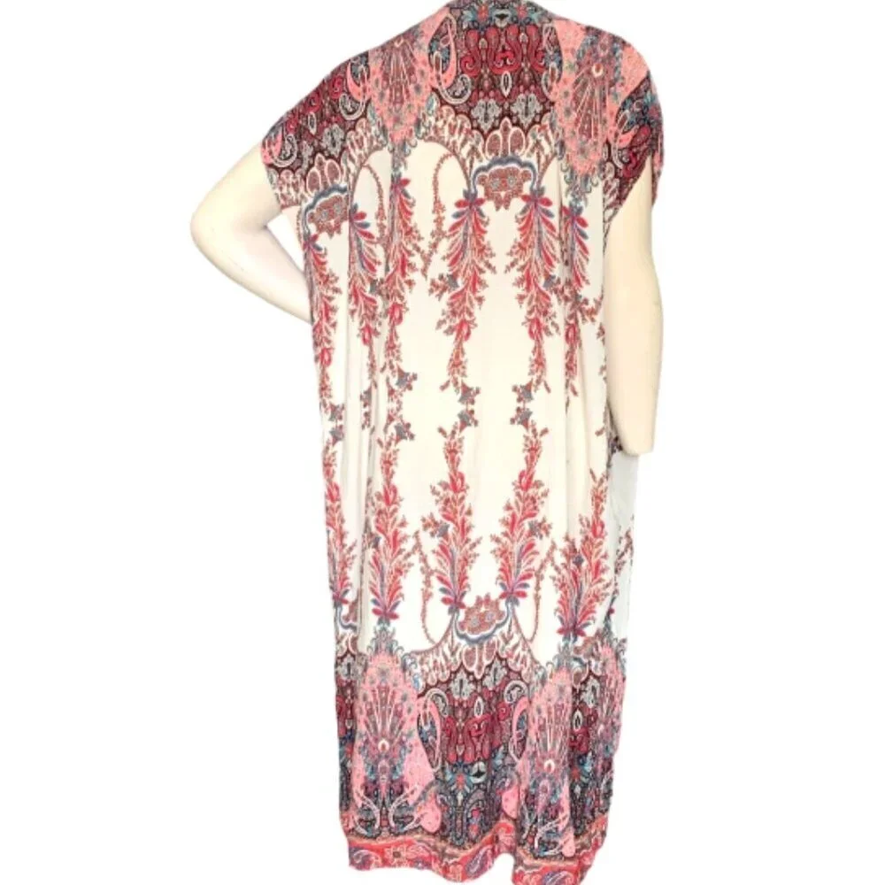 SB/Suzanne Betro BOHO Paisley Longline Vest‎ Cover-up Kimono Sz M #129E